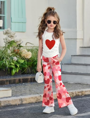 Image of Arshiner Toddler Girl Clothes 2 Piece Outfits Side Adjustable Drawstrings Tank Tops and Flare Leggings Pant Set