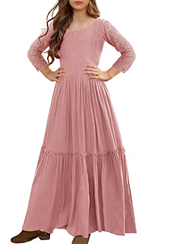 Image of MITILLY Girls Lace Flower Ruffle Sleeve A-Line Swing Wedding Party Maxi Dress with Pockets