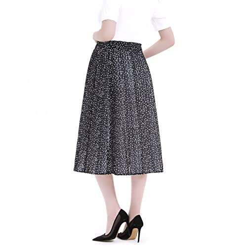 Bhome Maternity Skirt Pleated Swing Chiffon Pregnancy Midi Skirt Polka Dot A Line Maternity Dress Black With White Dots Small/Medium #TOP2