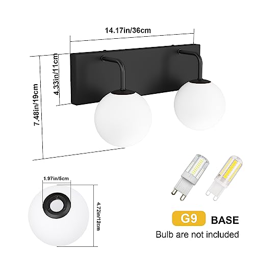 Image of Tipace Black Vanity Light Fixtures, 2-Light Modern Bathroom Light Over Mirror with White Milk White Globe Glass for Bathroom (Exclude Bulb)