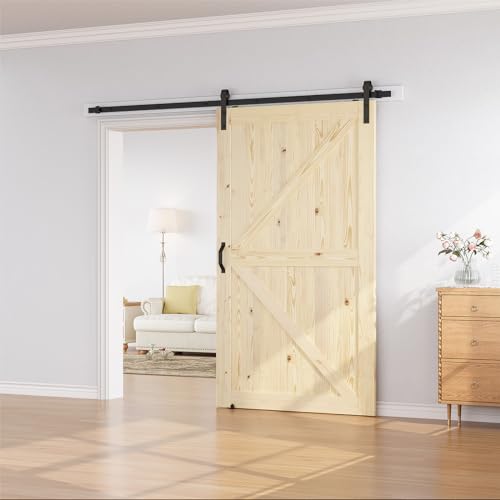 Image of SmartStandard 48in x 84in Sliding Barn Wood Door Pre-Drilled Ready to Assemble, DIY Unfinished Solid Spruce Wood Panelled Slab, Interior Single Door Only, Natural, K-Frame (Fit 8FT Rail)