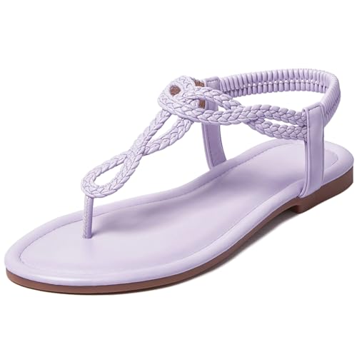Image of iCKER Womens Braided T‑Strap Flat Sandals Elastic Stretch Ankle Strap | Boho cute casual lightweight and comfort matches dresses for beach vacation