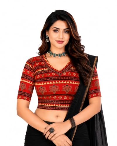 Image of Mogsa Women's Kalamkari Print Cotton Stretchable V-Neck Readymade Saree Blouse | Soft Cotton Blend | Stretch Fabric | Ready-to-Wear