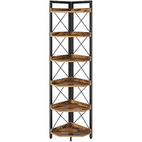 Rolanstar Corner Shelf 6-Tier, Rustic Corner Bookshelf Multipurpose Corner Stand Display Shelf Plant Stand for Living Room, Home Office, Kitchen, Bathroom, Small Space, Rustic Brown Cover