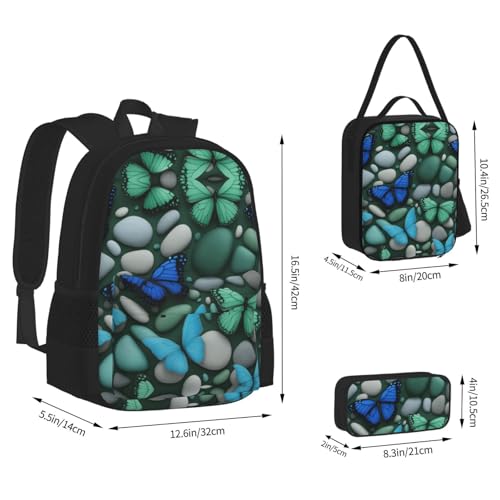 nanger Blue Butterfly Green Butterfly And Stone Print 3-Piece Set Backpack, Lunch Bag And Pencil Case, For Travel, College, And Daily Use4