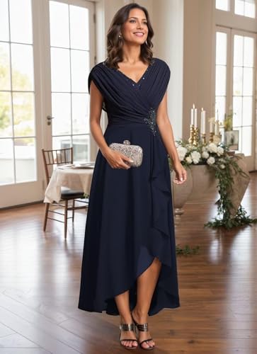 Lace Applique Mother of The Bride Dresses Tea Length 2025 Cap Sleeves V Neck Pleated Wedding Guest Gowns2