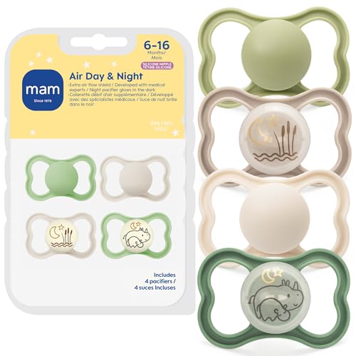 Image of MAM Air Pacifier for Babies 6-16 Months, Extra Air Flow for Sensitive Skin, Glows in The Dark, Developed with Medical Experts, BPA-Free Skin Soft Silicone, 4 Pack, Made in Europe