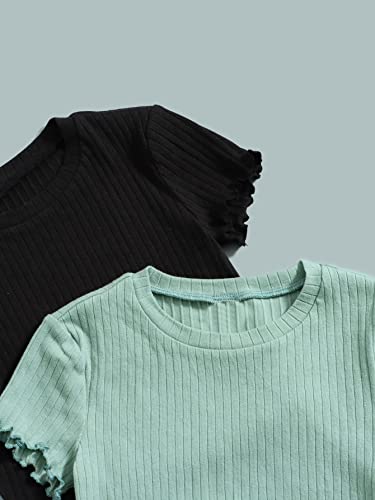 OYOANGLE Girl's 3Pcs Rib-Knit Short Sleeve Crop Top Crew Neck Lettuce Trim Crop Tee Top3
