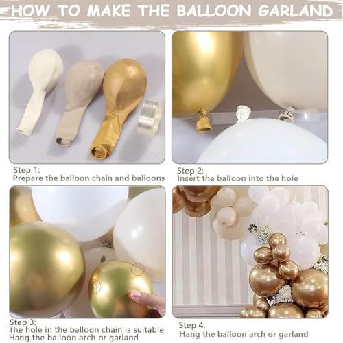Image of Bliss & Bow Latex Balloon Arch Kit | Sand White, White and Gold Chrome Balloons with Arch Tape, Glue Dots and Happy Birthday Banner for Party Celebration Decor | Ideal Party Decor Set (90 Piece)