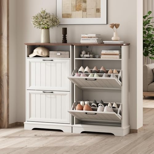 Image of 24 inch W Hidden Shoe Storage Cabinet with 2 Flip Drawers & Open Storage