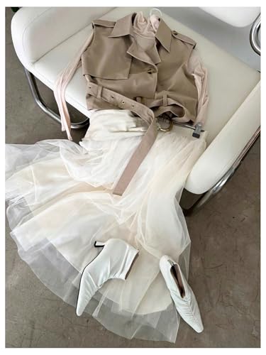 WDIRARA Women's Khaki Sleeveless Cropped Trench Coat with Belted Lapel – Small & Stylish - Image 6