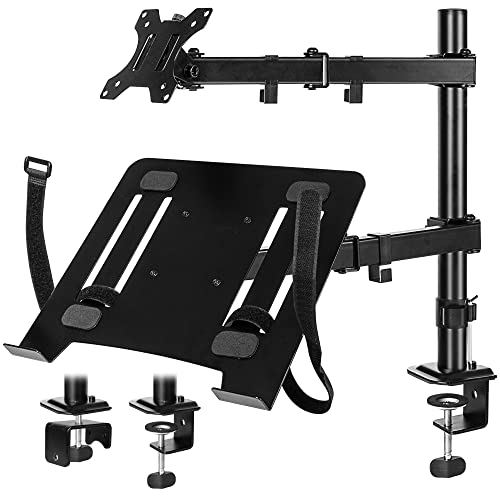 LOTEYIKE Laptop and Monitor Stand with Tray, Adjustable Monitor and Laptop Desk Arm Mount Stand with Clamp/Grommet Mounting Base for Max 27" Computer Screen Up to 17.6lbs, Notebook up to 17”