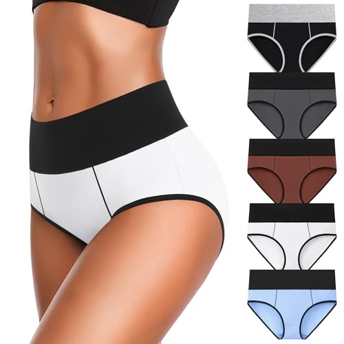 Image of Eiggam Underwear for Women Cotton High Waist Panties Full Coverage Briefs Soft Strech Ladies Breathable Panties-Multi Pack