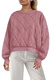 SENSERISE Womens Quilted Crewneck Sweatshirt Fall Oversized Sweaters Pullovers Cropped Hoodies Fall Fashion Outfits(Bean Paste Pink,S)