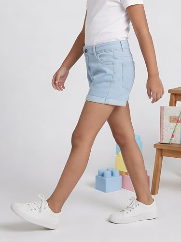 Image of KiddoPanti Girls Tight Length Rollup Denim Shorts with Lavender and Pink 3D Crochet Flowers