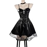 Women Misa Amane Cosplay Costume Halloween Black Leather Dress Outfits Slip Dress Full Set Uniform