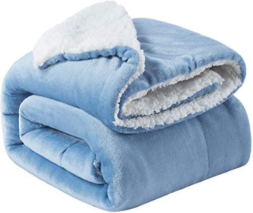 BSB HOME Polyester Micromink Summer Ac/Mild Winter/Heavy Winter Sherpa Blanket Super Soft Flannel Solid/Plain White & Aqua, Size 150 X 228 Cms (Single), 200 TC