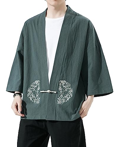 Image of Mens Kimono Cardigan Cotton Linen Japanese Shirt 3 /4 Sleeve Haori Yukata | Skin-Friendly Solid Color Lightweight Shawl Collar Kimono Robe Embroidery Button Tie Pockets Happi Coat All Season Daily Wear