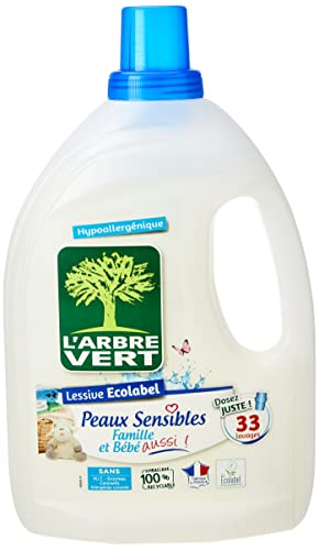 L'ARBRE VERT - Lessive Liquide pour Peaux Sensibles - Famille et Bébé - Hypoallergénique - Sans Allergènes - 33 Lavages - 1,5 L - Certifiée Label ECARF