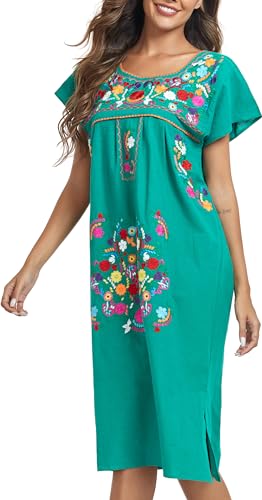 Image of YZXDORWJ Women Mexican Embroidered Long Dress Ruffle Collar Maxi Boho Floral Summer Short Sleeve
