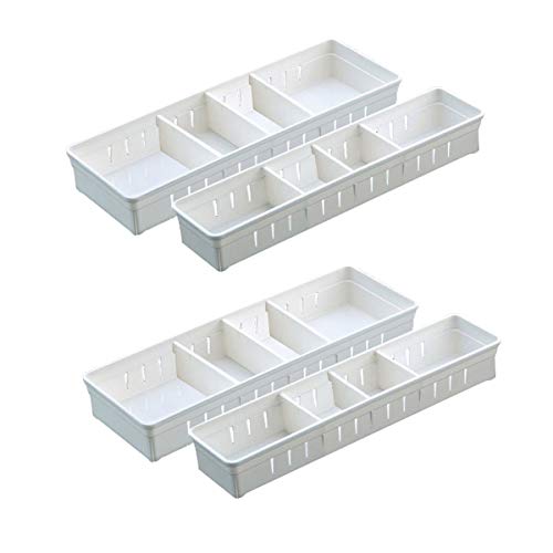 WOWGANISER White Drawer Organizer for Makeup Bathroom Organizer, 12 Adjustable Dividers, White Plastic, Set of 4 Trays, 13.8