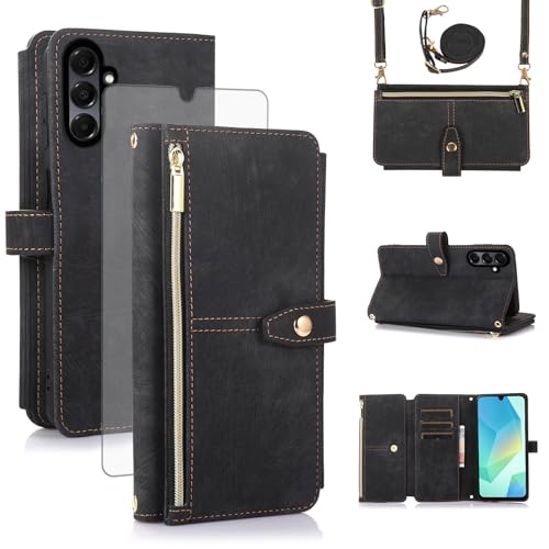 Asuwish Coque pour Samsung Galaxy A26 5G Portefeuille avec Verre Trempé et Cordon Porte Carte Chaine PU Cuir à Clapet Étui Housse Support Galaxie A 26 26A...