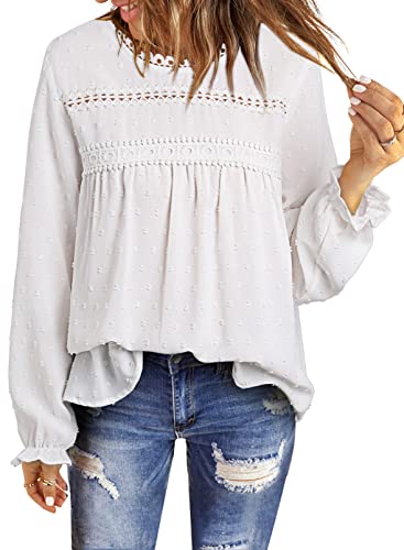 Dokotoo 2023 Summer Tops For Women Cute Lace Crochet Crewneck Long Sleeve Blouses Pom Pom Chiffon Babydoll Shirts For Women Teen Girls Fall Casual Holiday Boho Clothing White S #TOP22