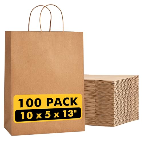 100 Pack 5.8x3.2x8.25 Inch Brown Kraft Paper Gift Bags with Handles - Bulk Small Plain Natural Bags for Birthday Party Favors, Grocery, Retail Shopping, Wedding, Craft, Goody, Takeouts, and Business