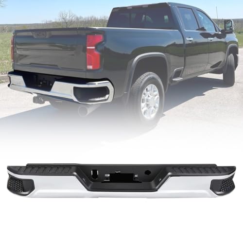 KPJTATUO Chrome Rear Bumper Compatible with 2019-2022 Silverado 1500, Chrome Iron With Abs Rear Bumper Assembly W/O Dual Exhaust Hole,W/O Sensor Hole
