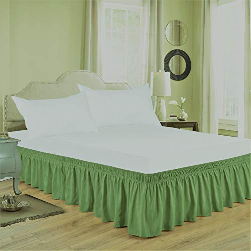 Bed Skirt - Wrap Around Bed Skirts Elastic Dust Ruffles, Easy Fit Wrinkle and Fade Resistant Silky Luxrious Fabric Solid Color, Sage Queen Size Beds 12 Inch Tailored Drop
