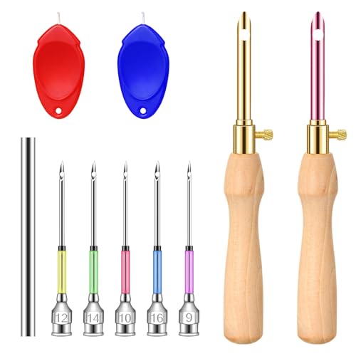 Image of 10 PCS Adjustable Punch Needle Tool, 7 Size Punch Needle Kit with Wooden Handles, Easy Stitch Embroidery Needle Set Kit for Adult Beginners DIY Craft