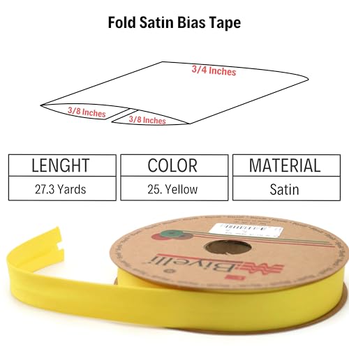 Image of Fold Satin Bias Tape - 99+ Colors - 3 /4 Inches Wide - 27 Yards - Fold Satin Binding Bias Ribbon Fabric Piping Bias Binding Tape for Sewing Clothing DIY (25. Yellow) BYS25