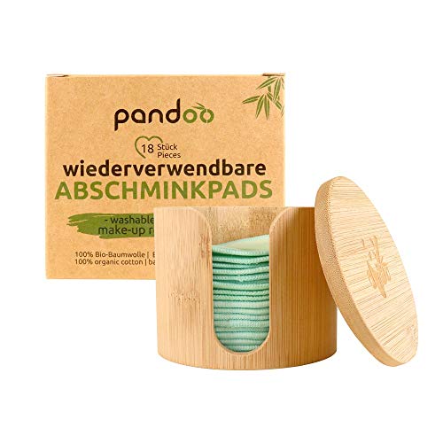 pandoo Wiederverwendbare und Waschbare Wattepads aus Bio-Baumwolle | Baumwolle Make Up Entferner Pads | umweltfreundliche Abschminkpads | 18 Stück inkl. Waschbeutel und Bambus-Box