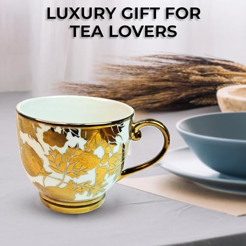 Image of Premium Ceramic Tea Set - 18 PCS | Elegant Gold-Plated Tea Cup Set with 6 Cups, 6 Saucers, 6 Spoons | Ideal for Home, Office, and Parties (Golden)