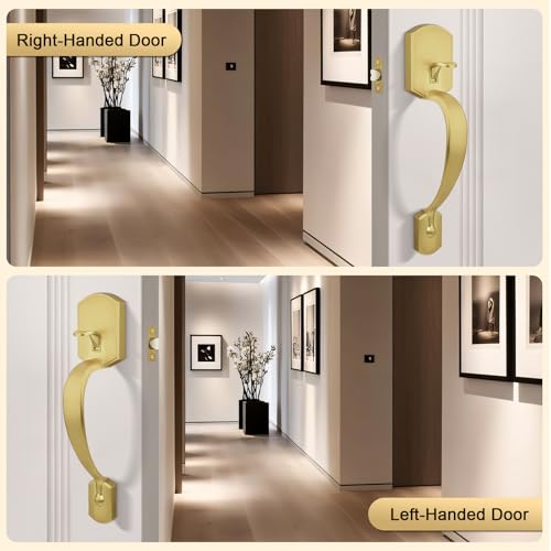 Image of Probrico Front Door Handle,Brushed Gold, Heavy Duty Exterior Door Handle with Reversible Lever, Satin Gold Entry Lock Grip Handle with Wave Lever, Keyless Door Locks in Camelot Look, 1Pack