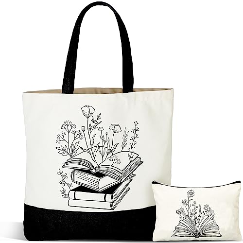 Buryeah 2 Pcs Teacher Appreciation Gift Canvas Tote Bag with Makeup Bag Thank You Teacher Tote for Women Graduation(Book)