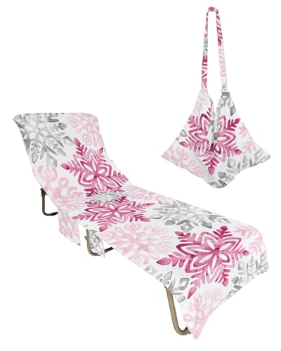 Pink Grey Snowflake Christmas Beach Lounge Chair Towel Cover, Soft Chaise Lounge Towel with Side Pockets Patio Pool Chairs Cover for Beach/Pool Sunbathing 29x85 Xmas Winter Snowflake