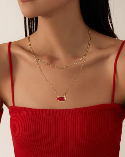 Lourny Gemstone Birthstone Pendant Layered Necklace for Women Trendy, 18K Gold Plated Paperclip Chain Preppy Choker Charm Necklace for Women Wife Jewelry2