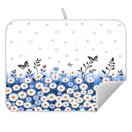 Daisy Butterfly Dish Drying Mat Dishes Pad Absorbent Fast Dry Dish Drainer Mat Protector for Kitchen Counter 18x14 Inches