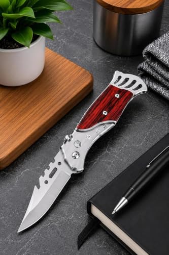 Image of Folding Utility Cutter, Stainless Steel Blade with Wooden Handle, Compact Folding Knife for Fruit & Vegetable Cutting, Package and Carton Opening