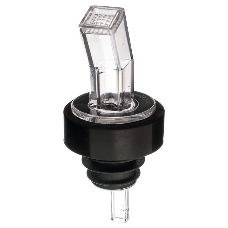 (Set of 12) AME D’ESSENCE Screened Free Flow Liquor Pourers Plastic Clear with Black Collar, Bar Spouts That Don't Leak