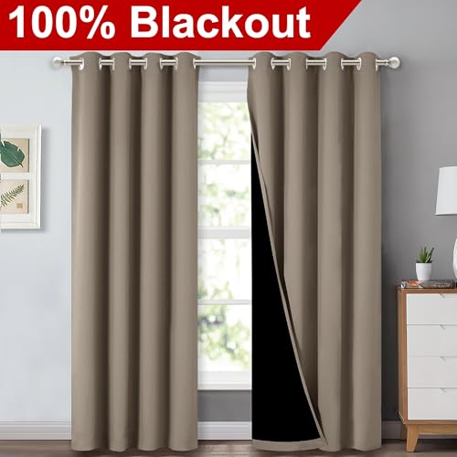 Image of NICETOWN Taupe Full Shade Curtain Panels, Pair of Energy Smart & Noise Blocking Out Blackout Drapes for Dining Room Window, Thermal Insulated Guest Room Lined Window Dressing, 52 x 84 inch
