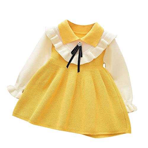 EnJoCho Children Clothes Babys Kids Toddlers Girls Patchwork Bow Tie Spring Winter Long Sleeve Ruffled Knit Sweater Dress