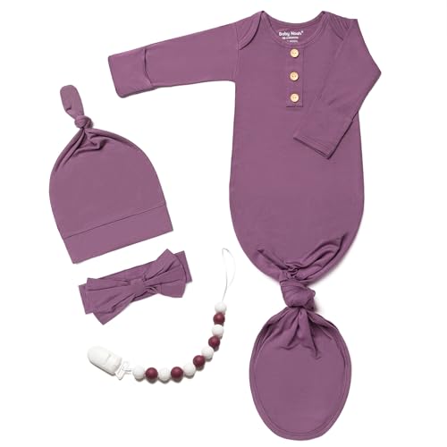 Image of Newborn Baby Knotted Gown, Super Soft Silky Infant Sleeper, Baby Girl Sleep Gown with Mittens, Bow, Clip and Hat Set Lavender Purple, 0-3 Months