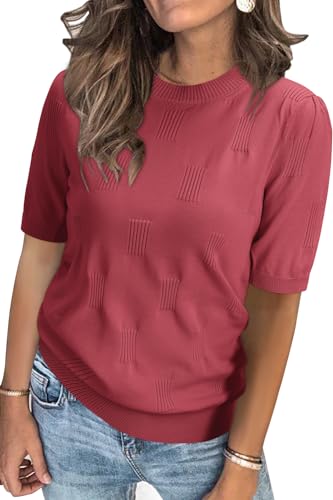 Image of Arach&Cloz Women's Short Sleeve Crew Neck Sweaters Trendy Teacher Work Tops | Lightweight&Breathable Fabric, Texture Knit Design, Relaxed Fit, Business Casual Outfits, Teacher Work Tops Fall 2026