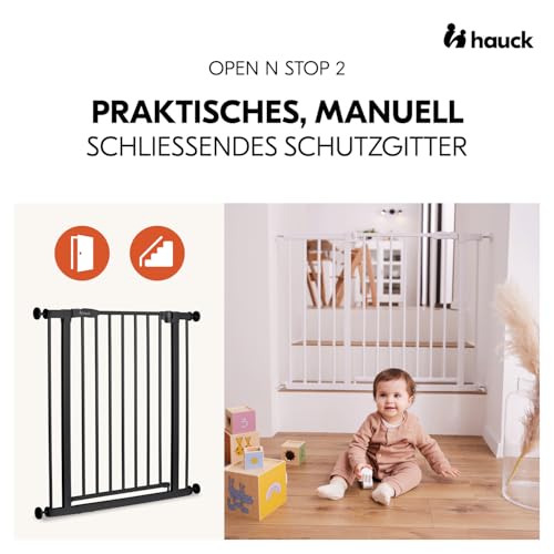 hauck Treppenschutzgitter Türschutzgitter Open N Stop 2 inkl. 21 cm Verlängerung für Breiten 96-101 cm, ohne Bohren, Einhändiges Beidseitiges Öffnen, Manueller Schließmechanismus, Metall (Black)