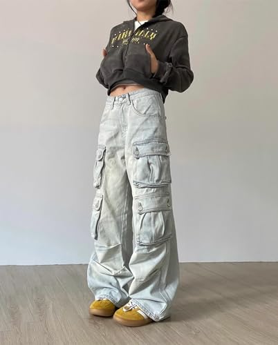 Womens Y2k Cargo Jeans High Waisted Straight Wide Leg Baggy Jeans Casual Loose Hip Hop Denim Pants Streetwear3