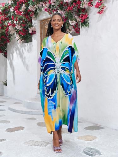 Image of KECVOT Kaftan Dresses for Women V-Neck Print Swimsuit Cover Up Plus Size Beach Caftan Lounge Dress