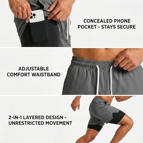 Image of BOLDSHARK Men's 2 in 1 Active Dual Shorts with Inner Tights Layer | Double Layer Short for Running, Gym & Sports