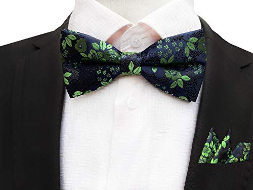 Men's Green Black 100% Silk Bow Tie Pocket Square Set Cravat Woven Jacquard Casual Spring Neckties #TOP1
